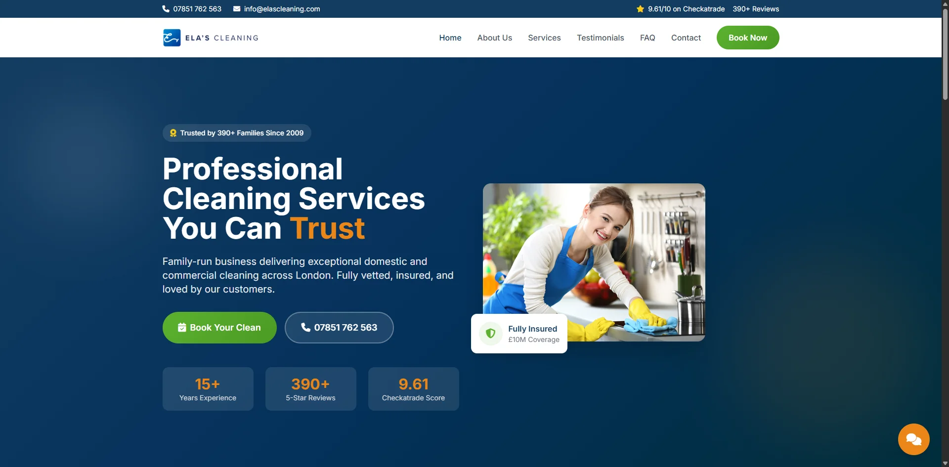 Ela's Cleaning professional cleaning services London website design