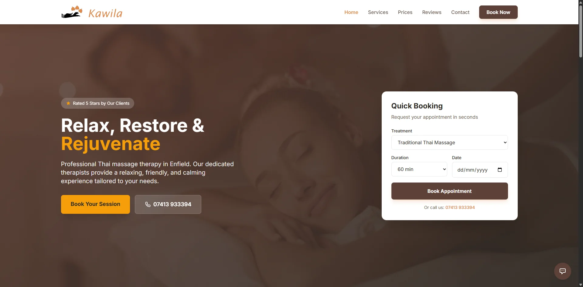 Kawila Thai Massage professional massage therapy Enfield website design